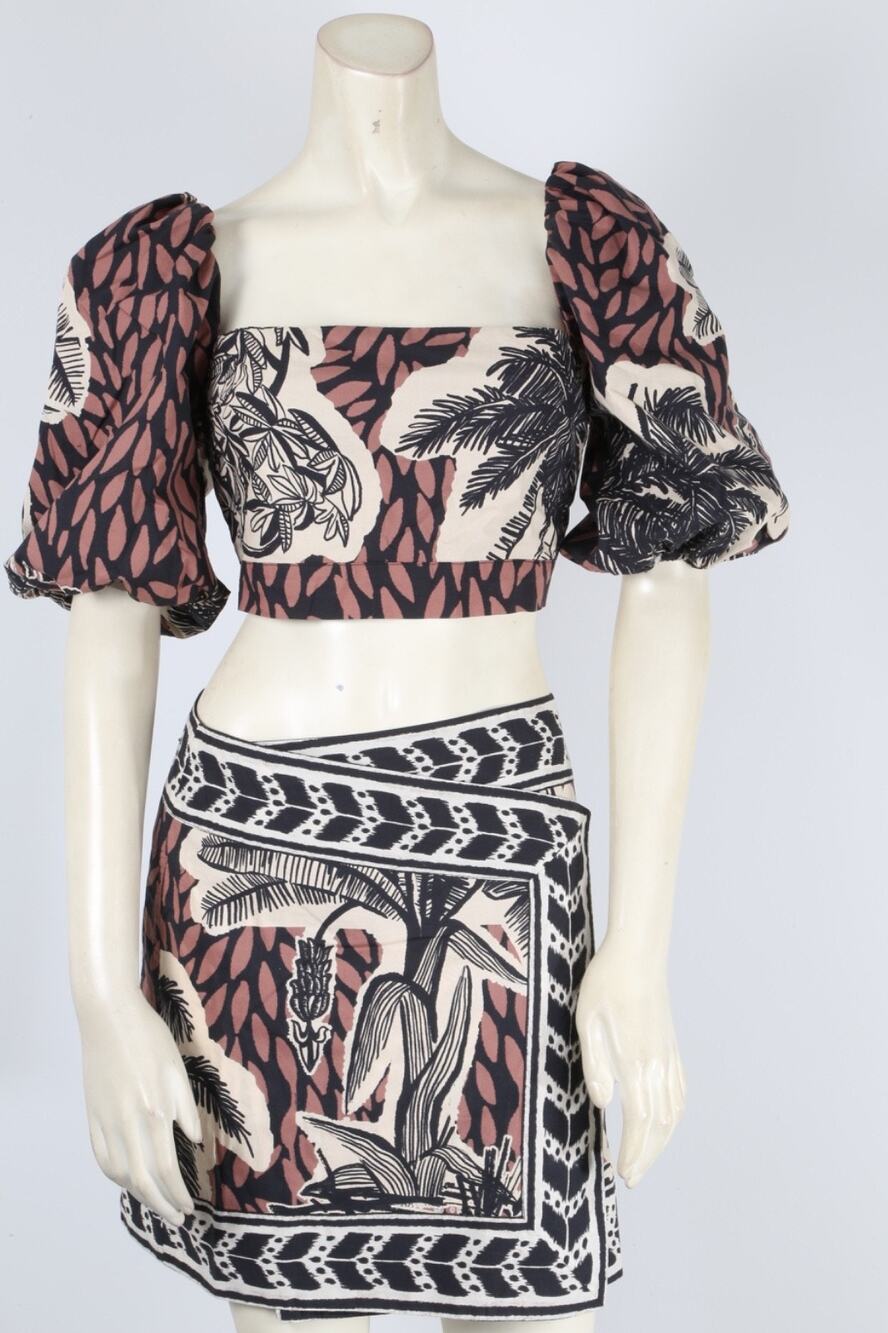 JOHANNA ORTIZ 100% Cotton Palm Print Puff Sleeve Crop Top Wrap Mini Skirt Set 2